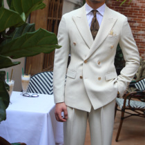 Mr. Lusan mens slim banquet host wedding apricot double-breasted suit suit suit Italian high-end suit tide