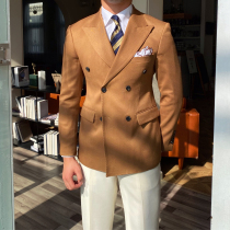 Mr. Lusan Caramel double-breasted suit mens daily slim solid color workplace dress commuter suit jacket