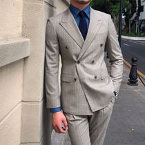 Mr. Lusan British retro mens striped double-breasted suit set host banquet business casual suit tide