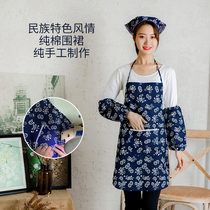 Ethnic wind small flower apron farmhouse kitchen hanging neck bib children performance Tea Picking Dance blue flower cloth apron