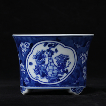 New Qing Guangxu hand-painted blue and white ice plum eight treasure pattern three-legged mini flower pot calamus multi-Bonsai flower pot