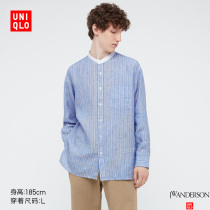 Uniqlo (cooperation)mens French linen loose striped stand-up collar shirt (long-sleeved breathable)440344