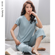 Silk cotton pajamas Womens summer cotton short-sleeved trousers Home clothes summer thin cotton with chest pad can go out