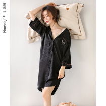 Sleeping Dress Lady Sleepwear Spring Autumn Season Silk Ice Silk Slim Fit 70% Sleeves Cardiovert Shirt Emulation Silk BAO WEN Spring Summer