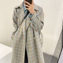 8 25NEW A Tea and Agu Plaid Lapel Trench Coat Men's Medium and Long Autumn New Loose Coat Coat