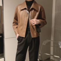 Atea with Aguautumn brown Jane about capticoat mens Korean version of retro style Casual Loose Leather Jacket Jacket