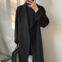 10 13new A tea and Agu black woolen coat mens long autumn and winter trend casual woolen coat