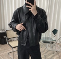 A tea and Agu short dark leather clothing men Korean version of the trend Pike clothing men Street locomotive clothing leather jacket