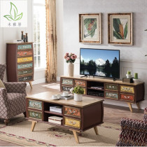 Nordic Living Room Color Painted TV Cabinet Tea Table Combination White Wax Wood Storage Living-ground Cabinet American Countryside Audiovisual Cabinet