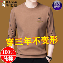 Woodpecker Sweater Mens Spring-Autumn Round-collar Mens Long-sleeved T-shirt Pure Cotton and Leisure-Relaxing Top T