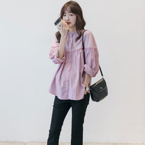 Spring fashion foreign style maternity clothes 2021 age reduction small fresh striped shirt Loose long sleeve belly cover tide mom top