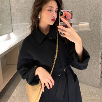 Black double-sided cashmere coat women 2021 autumn and winter loose thin size Hepburn wind medium long woolen coat