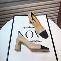 ins high level sensation giant good wearing ~ little fragrant wind pearl square head collage thick heel 100 hitch high heel professional shoes