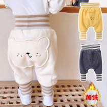 Baby High Waist Care Belly Pants Spring Autumn Clothing Large Pp Pants Plus Suede Cute Cartoon Baby Big Fart Pants Warm Outer Wear