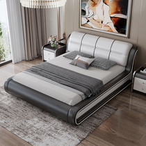 Bedroom leather bed Leather double bed Modern master bedroom wedding bed Simple 1 8 meters solid wood multi-functional bed storage