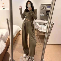 Casual Fashion Sports Suit Women 2022 Spring New Tandem Hat Short blouses High waist wide leg pants Two suits