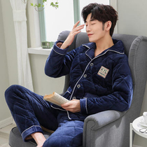 Winter mens cotton pajamas three-layer thickened plush coral fleece warm flannel one-piece cotton jacket set
