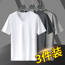 (3pcs)Modal short-sleeved t-shirt mens v-neck solid color white tide brand trend ice mercerized cotton ice sense half sleeve W