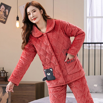 Pajamas women winter plus pile thick coral fleece three layers of cotton pajamas flannel tops cotton clothes housecloth set