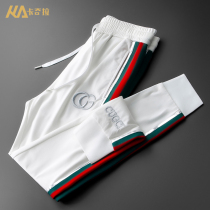 Tide brand white pants mens embroidery summer sports and leisure Korean version of the trend trousers bunch foot slim nine points Ice Silk