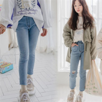 Girl Fashion Jeans Breaking Hole 2022 Autumn Fashion New products CUHK Children 100 lap trendy elastic long pants pro-submount
