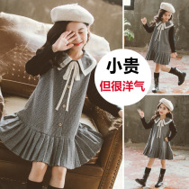 Childrens wear girls woolen dress autumn and winter 2021 new college style lace collar stitching pleated skirt fashion