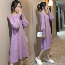 Pregnant women purple bottomed round neck skirt 2021 pregnant women autumn winter sweater dress solid color knitted interior wear spring and autumn dress