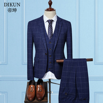 Autumn groom suit suit mens three-piece business casual dress wedding dress slim plaid suit man