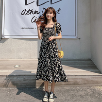 2021 new summer French black dress female spring thin foreign style small daisy chiffon short-sleeved long skirt