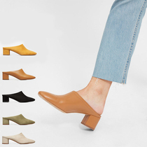 2021everlane spring and summer new leisure Joker vintage thick heel heel Baotou real cowhide lazy shoes slippers