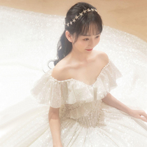 Starry main wedding dress 2021 new bridal temperament high waist large size thin cover thick arm French large tail wedding dress