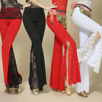 Spring Summer New Products Belly Leather Dance Pants Under the Modale Great Code Lace splicing Dance Practicing Costume with open fork pants