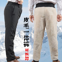 Winter men and womens wool pants leather wool one sheepskin pants wool wool liner cotton pants middle-aged and elderly high waist