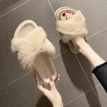Japan Autumn New hairy slippers real rabbit hair one-word drag women wear sandals and slippers students thick-soled womens shoes