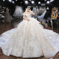 Starry main wedding dress 2021 new thin temperament heavy industry word shoulder forest department super fairy dream tail pregnant bride