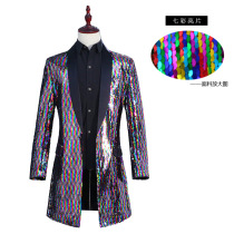Colorful glitter sequins performance suit male singer long Eason Chan flip windbreaker Stage DJ bar dress