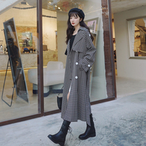 Black and white houndstooth windbreaker coat womens spring and Autumn 2021 new long over-the-knee waist lace-up thin popular coat