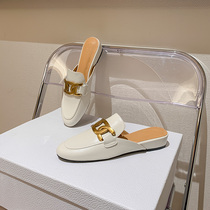 Baotou Half slippers female outside wearing 2022 new metal buckle genuine leather coarse heel Slope heel sloth Mueller shoes Summer sandals