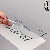 Pure titanium rimless glasses womens simple square myopia glasses men with finished myopia anti-blue radiation glasses