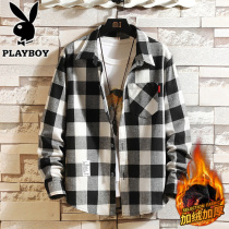 Playboy plaid shirt men tide ins warm plus velvet casual shirt long sleeve men autumn and winter coat thick