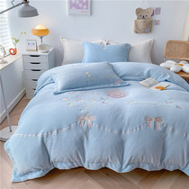 Winter thickened milk velvet bed four-piece speed warm double-sided coral velvet quilt cover plush bed sheet bed Hare flannel