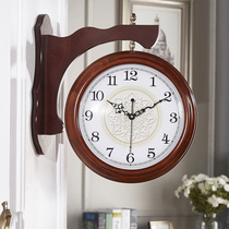 Double-sided wall clock Double-sided watch Household living room American solid wood dining room hanging watch creative modern simple clock