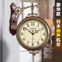 Ishida solid wood European double-sided wall clock metal clock American creative two-sided clock living room silent decorative wall clock