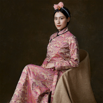  Seawater river cliff retro brocade satin Chinese stand-up collar Tibet travel clothes female spring and autumn Tibetan clothing non-dyed Tibetan clothing