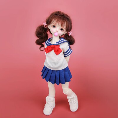 taobao agent Doll, clothing with accessories, uniform for kindergarten, navy student pleated skirt, scale 1:6