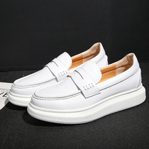 Thick-soled white shoes leather pedal mens 2021 new leather shoes casual platform shoes soft-soled increased loafers men