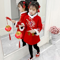 Girls Year of the Year uniforms plus velvet little girls flag burqa baby New Years clothes Hanfu Children in the middle of the country Wind Children in the suit