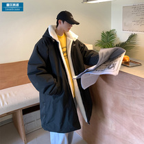 Lamb velvet medium and long cotton-padded men's winter harbor wind plus velvet padded cotton-padded jacket oversize simple black hooded coat