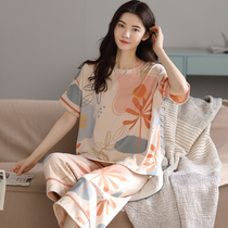 Fentenguo clearance 100% cotton pajamas womens summer short-sleeved seven-point pants Student loose cotton large size home clothes