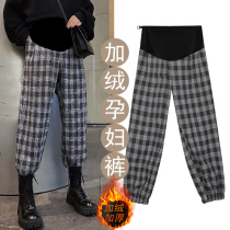 Pregnant women underbelly bottom pants autumn and winter wear fashion tide mother thick plus velvet plaid loose thin straight pants